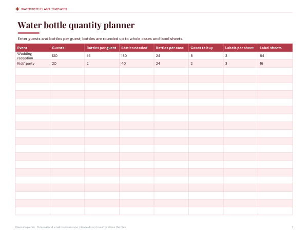 Preview of Printable Water Bottle Quantity Planner